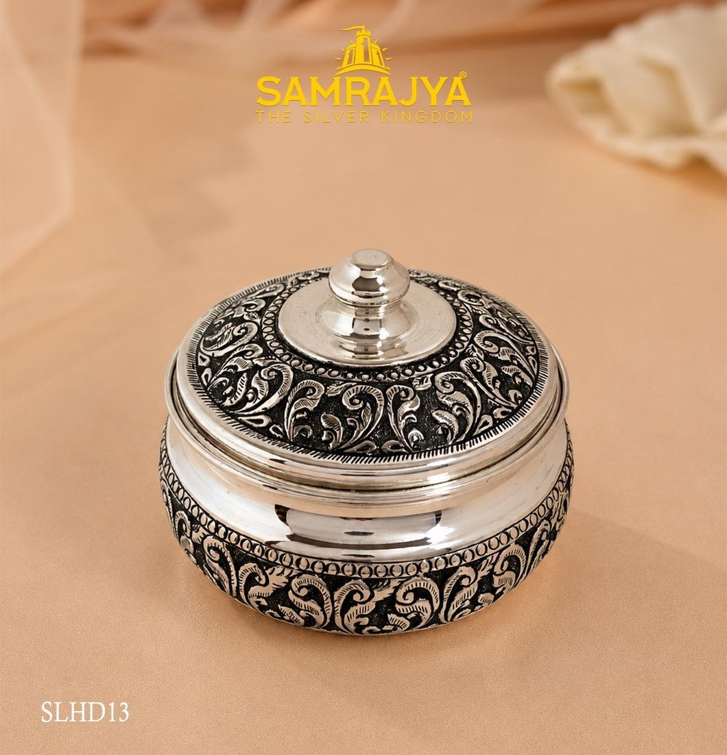 Silver Antique Floral Handi with Lid