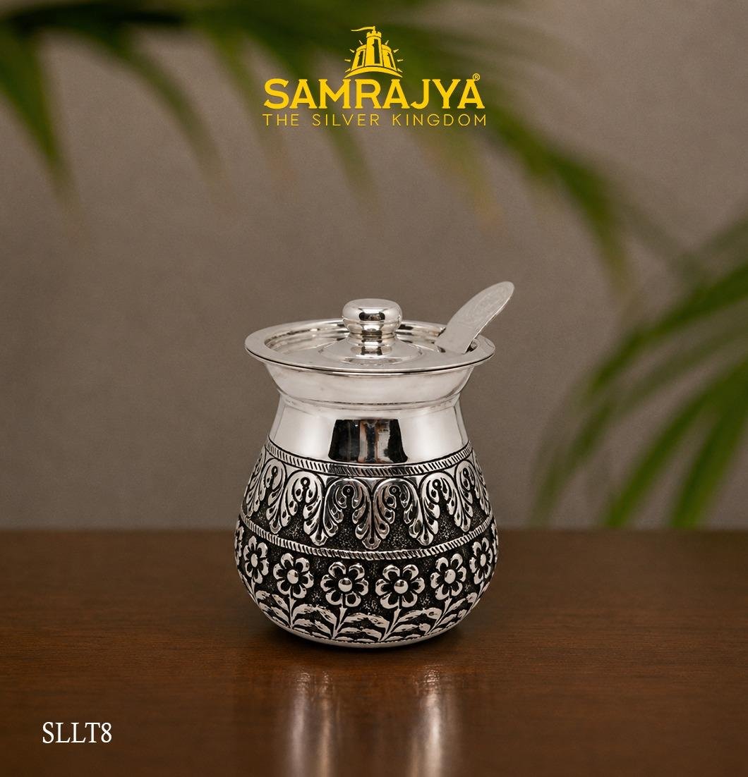 Silver Antique Floral Turmeric Jar with Lid & Spoon