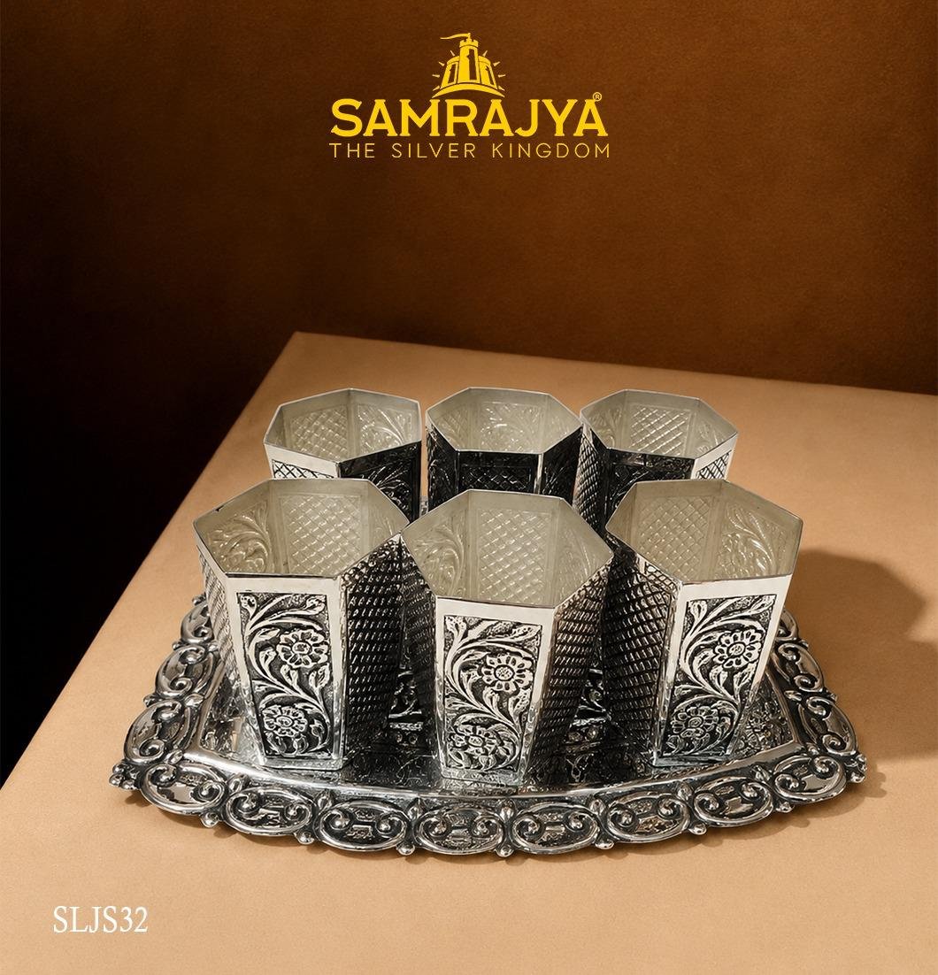 Silver Antique Hexagonal Glass Set with Tray